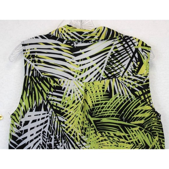 Tacera A-Line Button Down Dress Sleeveless Leaf Print Yellow Black - Picture 6 of 13